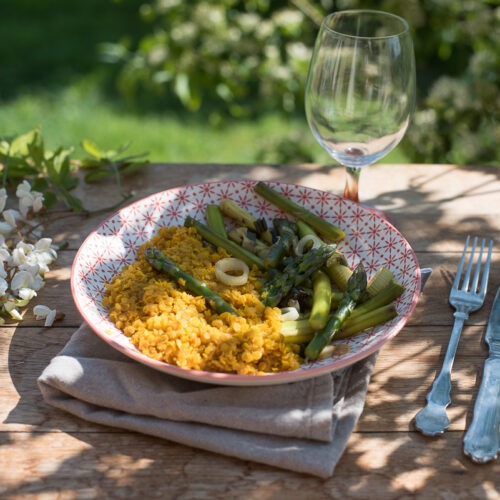 Asperges sautées et lentilles corail au curry