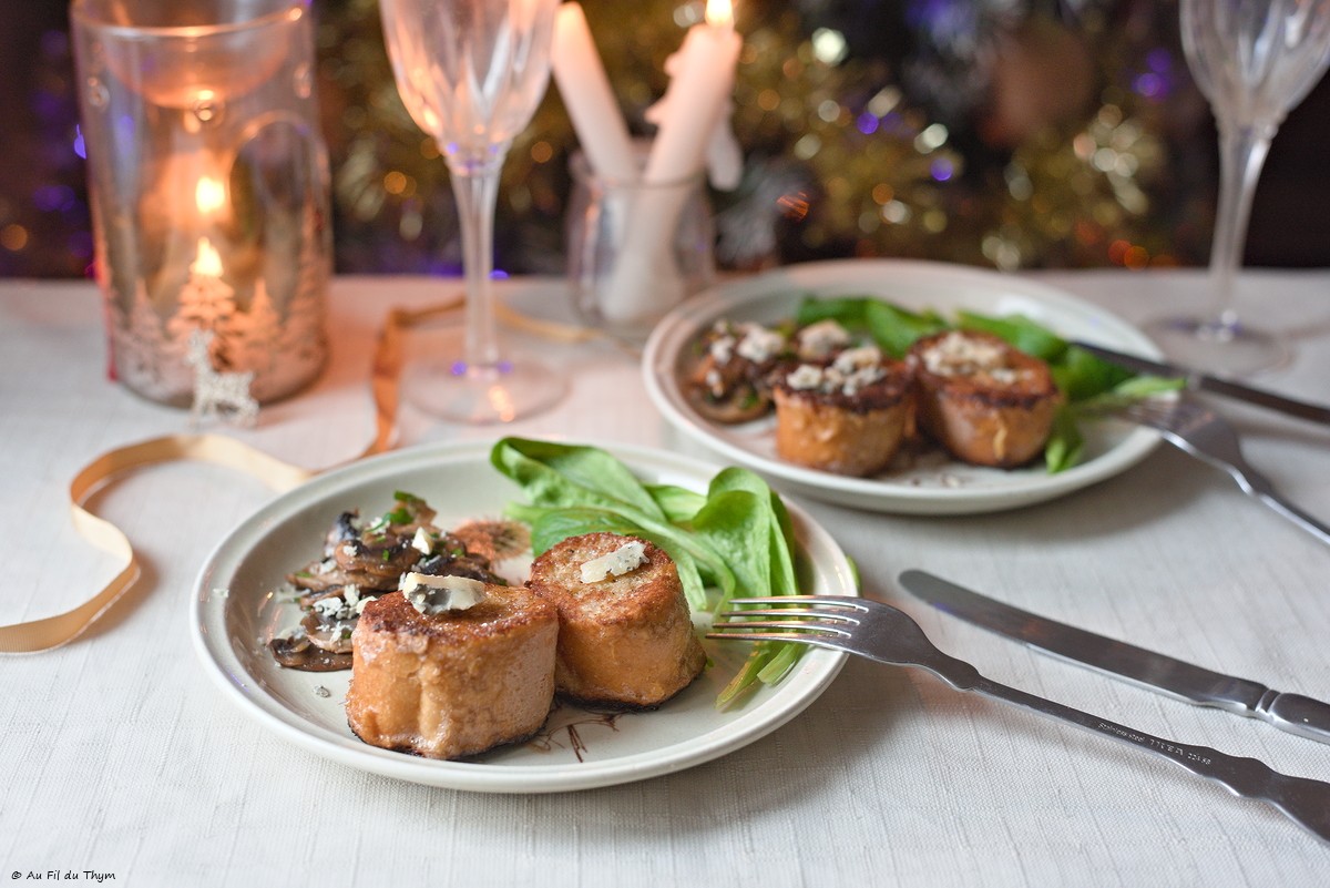 Pain perdu aux champignons, mâche, bleu