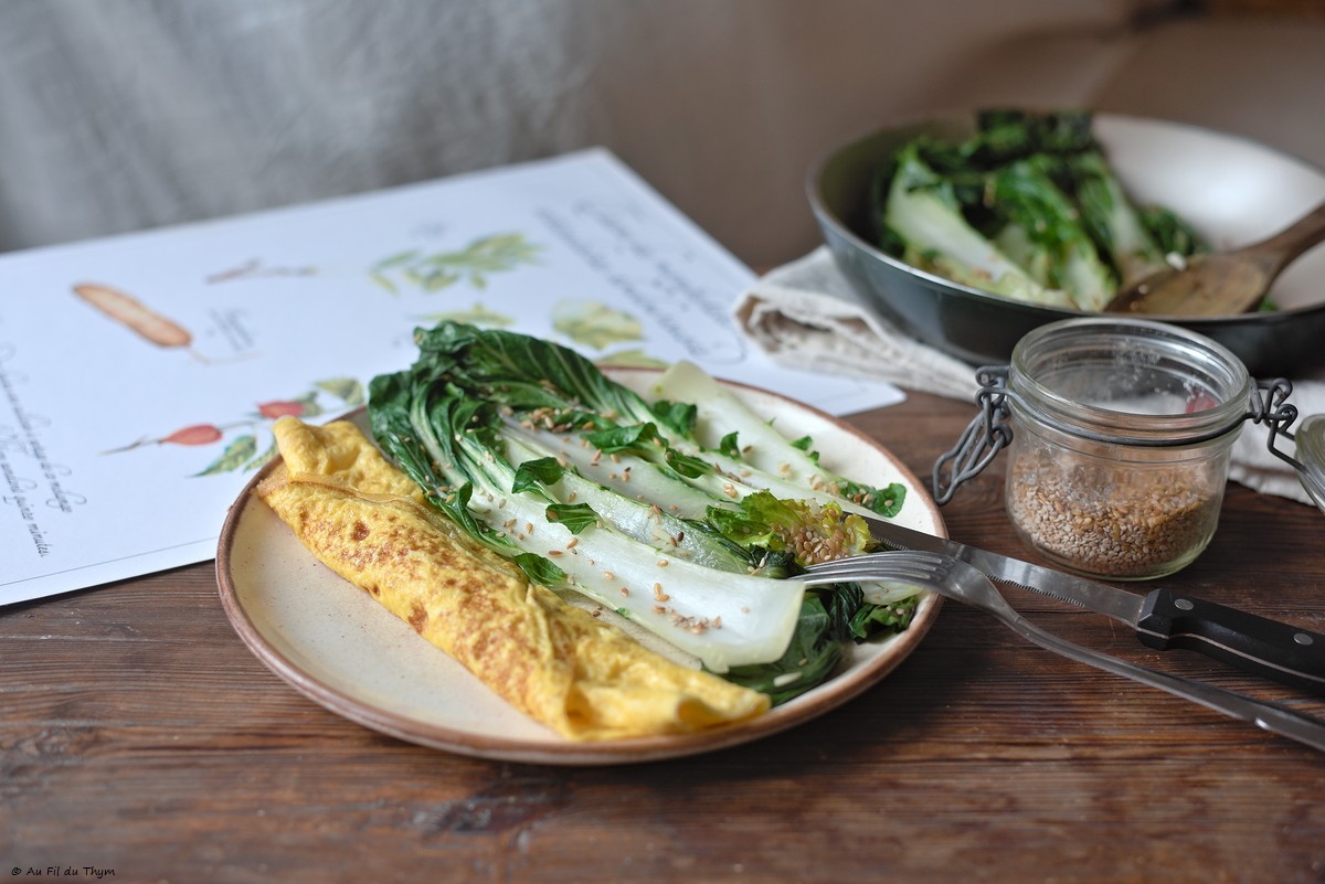 Bok Choy sauté au sésame et omelette