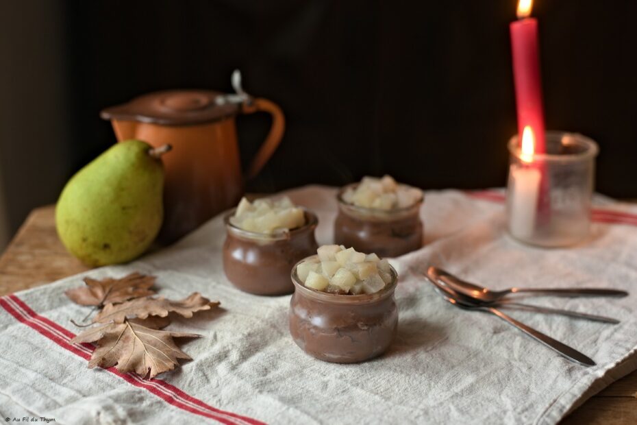 crèmes tofu soyeux, chocolat noir, poires